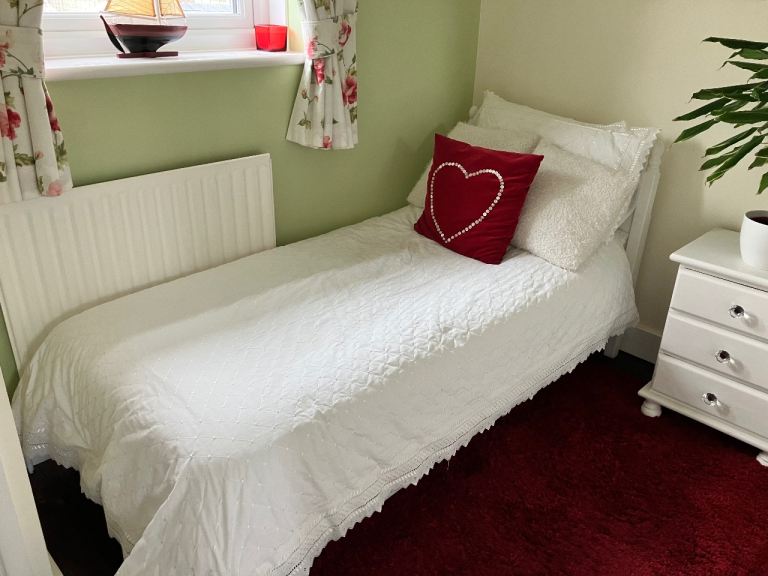 White Single Bed Frame with Mattress – Good Condition
