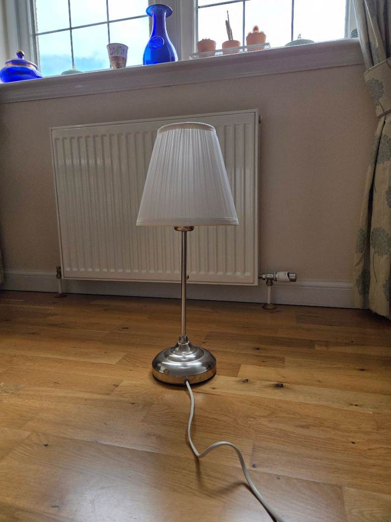 Silver Table Lamp with White Pleated Shade – Good Condition