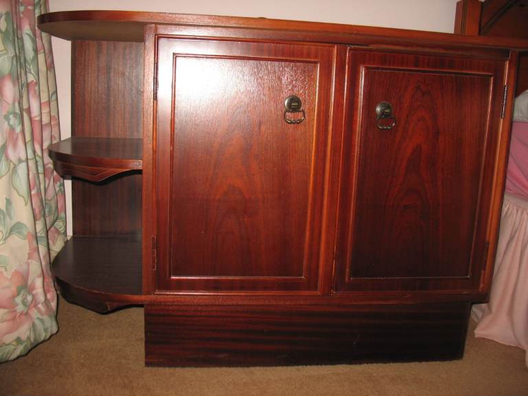 Bedside cabinet/ sideboard/ chest, Mahogany finish, with LEFT open end shelves, drawers, vintage