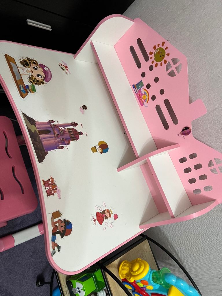 Kids Pink Study Desk and Chair – Adjustable, Good Condition