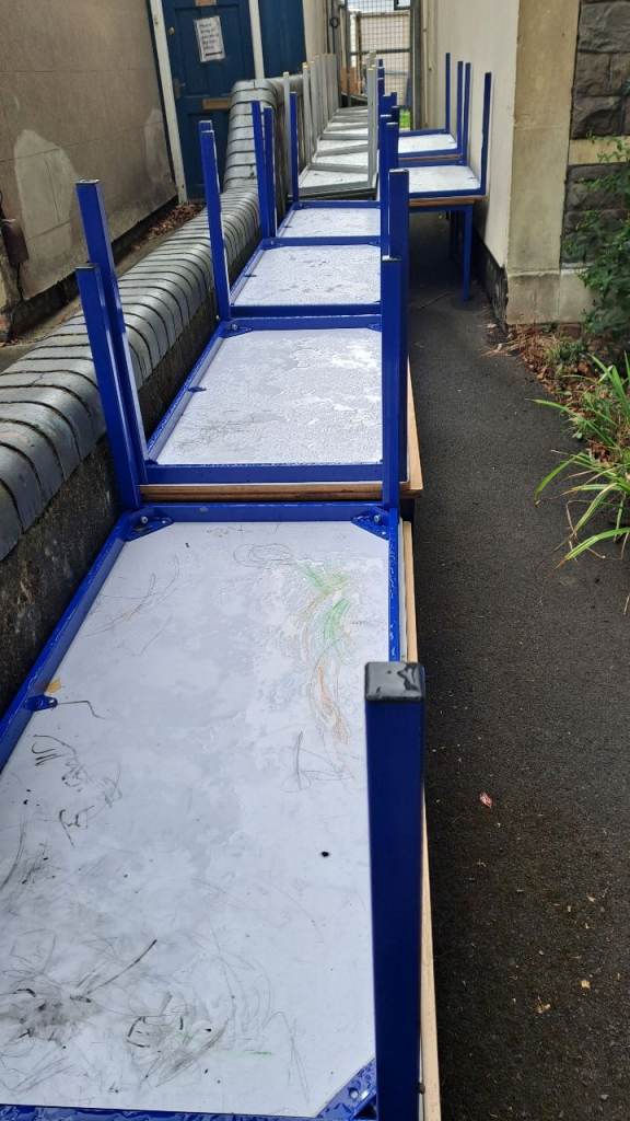 Small Tables w/ Blue Metal Frames – Used