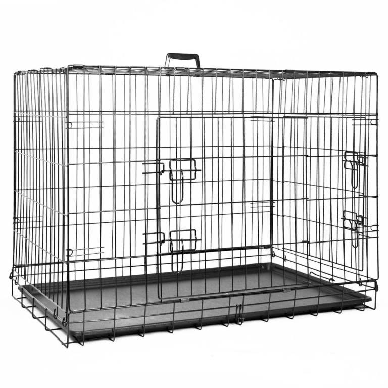 Large black wire pet crate with plastic tray
