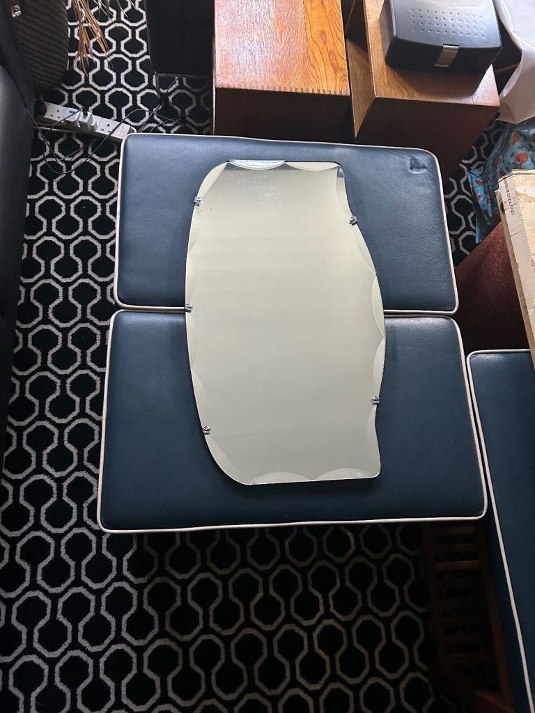 Vintage Art Deco 1930s Frameless Scalloped Bevelled Edge Wall Mirror, Clasps