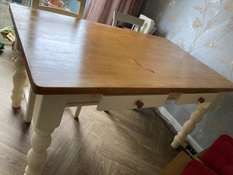 image for  solid table with drawers and four chairs , cream legs /base -edging  