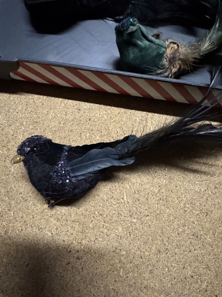 7 clip on black feather birds - christmas tree baubles