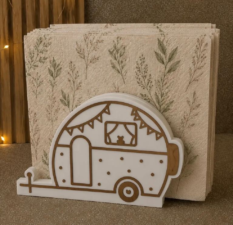 White Plastic Caravan Napkin Holder with Leafy Napkins - New Condition