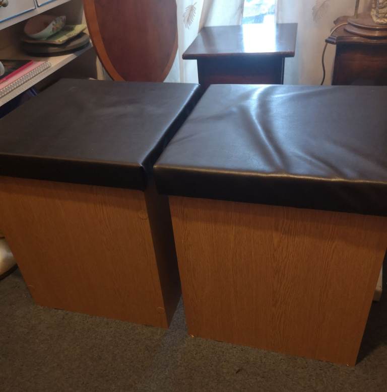 pair of light oak padded topped storage stools