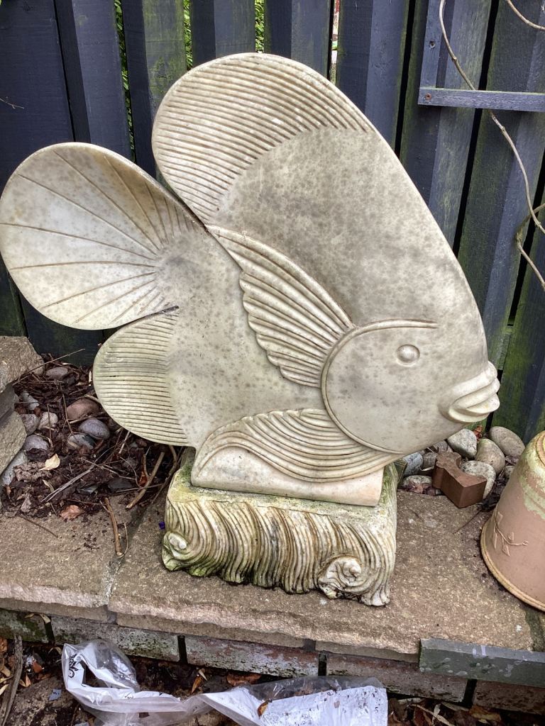 CRUSHED MARBLE FISH GARDEN STATUE , EXTREMELY HEAVY 