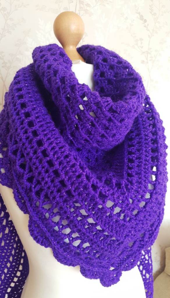 Granny Square Purple Shawl. Handmade Crochet Shoulder Wrap. Oversized Knitted Chunky Scarf