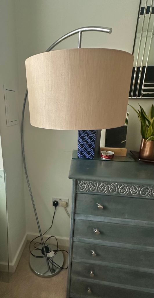 Modern Chrome Arc Floor Lamp – Large Beige Shade 