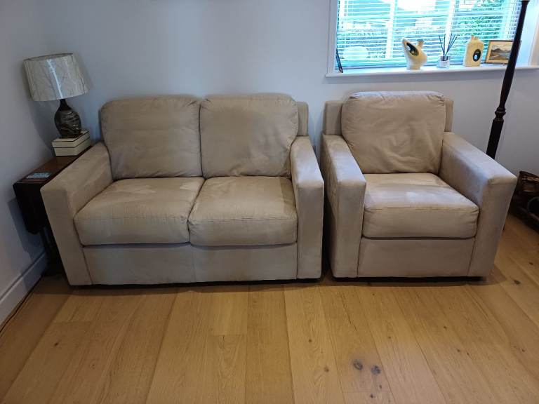 FREE - Light suade-like Two-Seater Sofa and Matching Armchair - Fair Condition