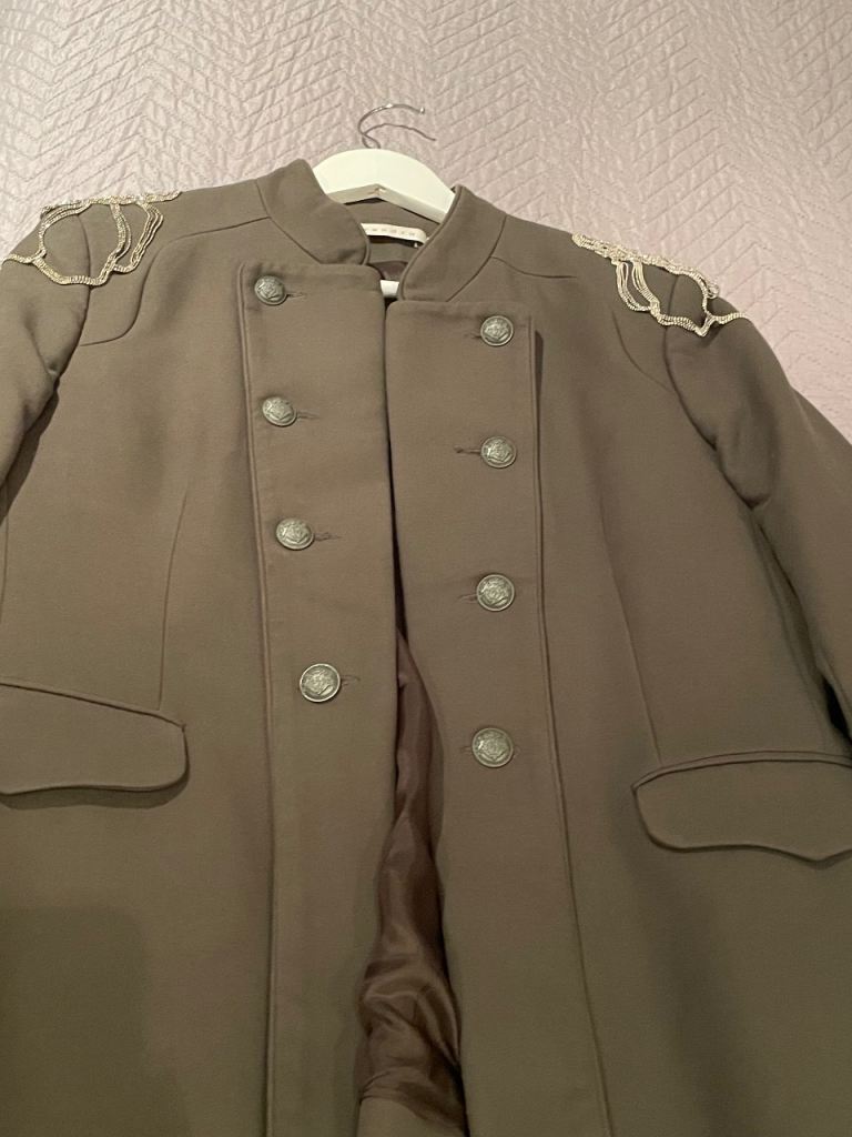 Sandro Khaki Military Style Jacket with Beaded Shoulders, Size 42