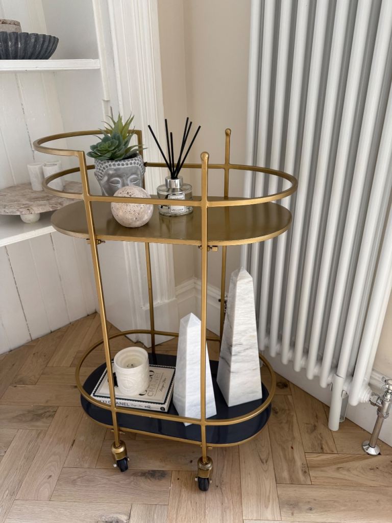 Gold Bar Cart Serving Drinks Trolley – 2 Tier Glass, Cocktail Trolley