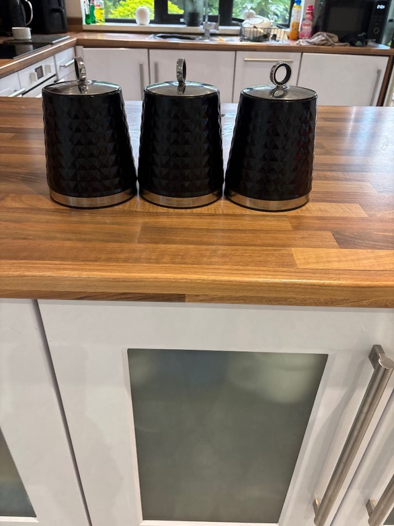 Set of 3 Black & Silver Kitchen Canisters