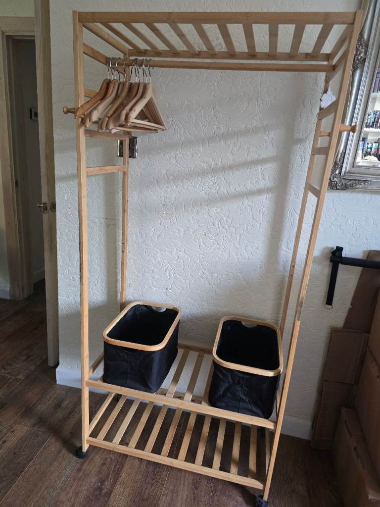 Bamboo Clothes Rack with Shelves and Baskets – Good Condition