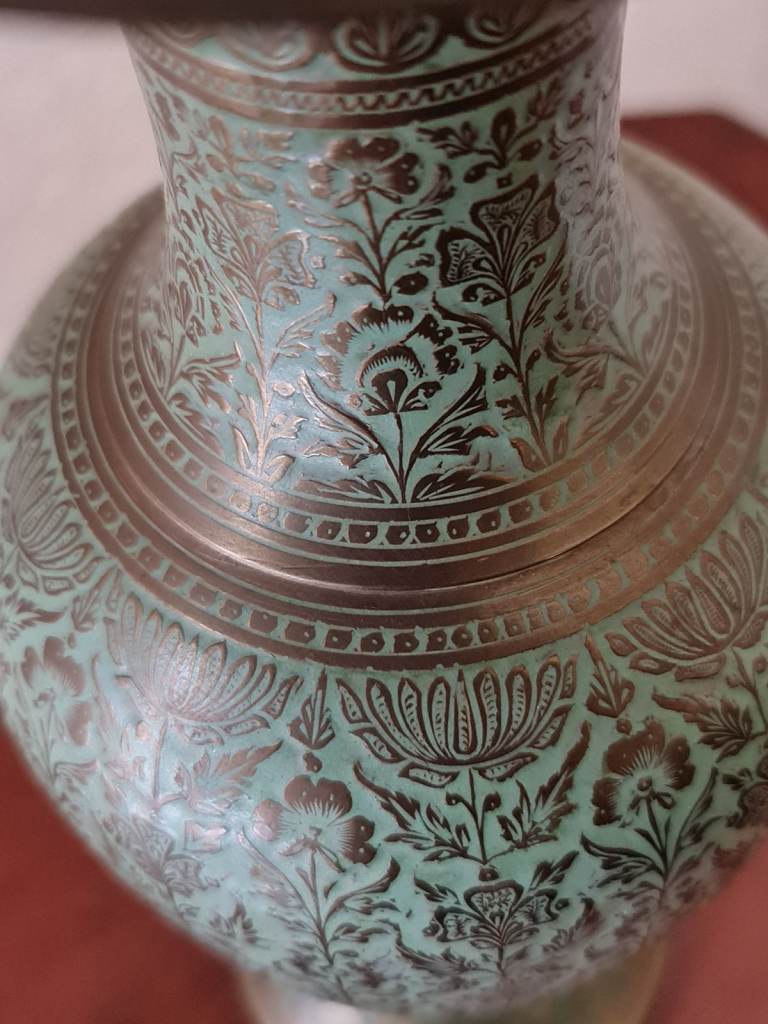 Vintage Niello Green Enamel & Brass Pot Vase