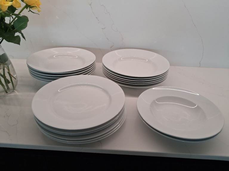 Set White Serving Plates & Bowls. Commercial Grade. Quality weight. Dishwasher & Microwave Safe.
