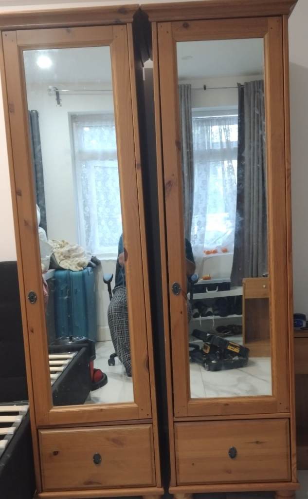 2 Wooden Wardrobe with Mirrored Doors and Drawers – Good Condition