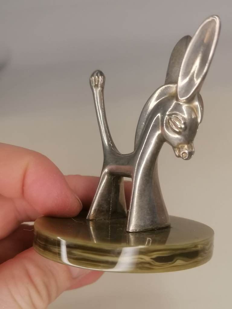 2,8 - inch Vintage Silver Plated Seba Donkey Ring Holder with Faux Onyx Base.1960s. Good condition.