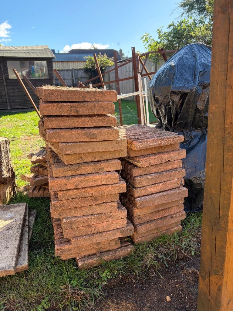 Used Garden Paving Slabs - Red/Brown grooved in Fair Condition