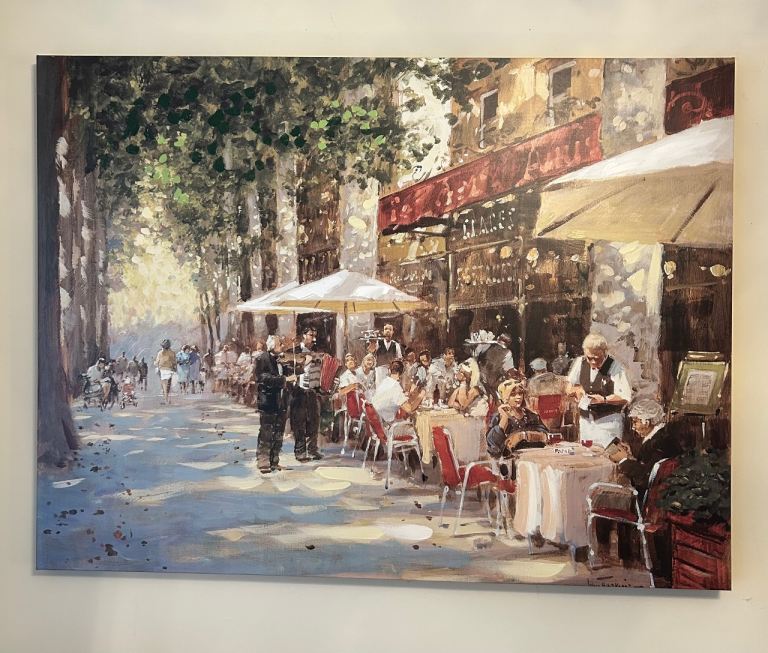Large Framed Canvas Painting – Cafe Scene, Good Condition