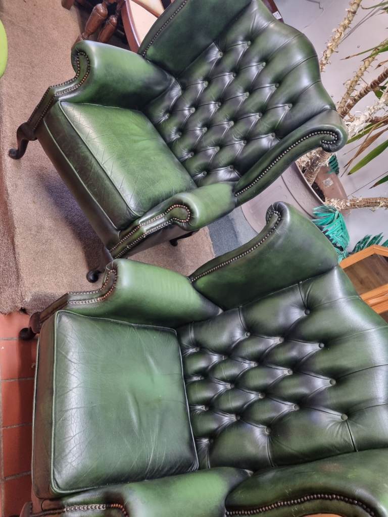 image for Pair of Classic Green Leather Wing-Back Armchairs - Chesterfield Style