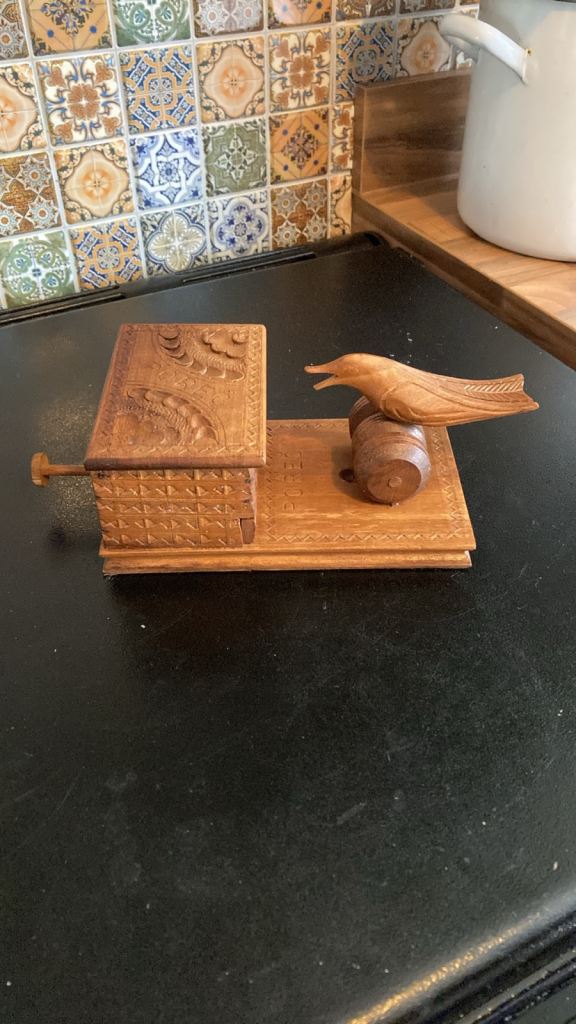 vintage wooden cigarette dispenser box, featuring a lever-action bird mechanism - 1950’s