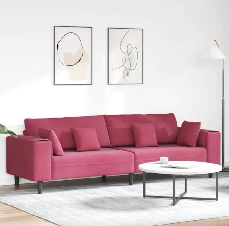 New Modern Velvet Sofa with Cushions – 3 Seater 208cm Couch Settee, Wine Red