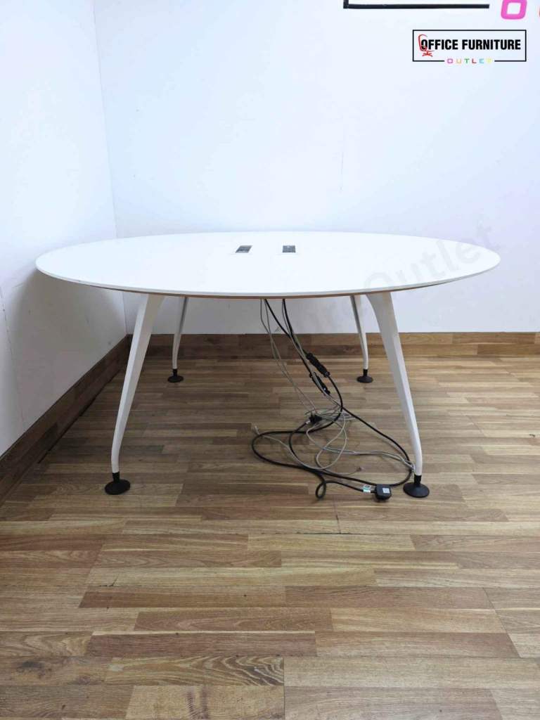 Large Round White Meeting Room Table (160cm) – Modern Office Table with Integrated Power Ports