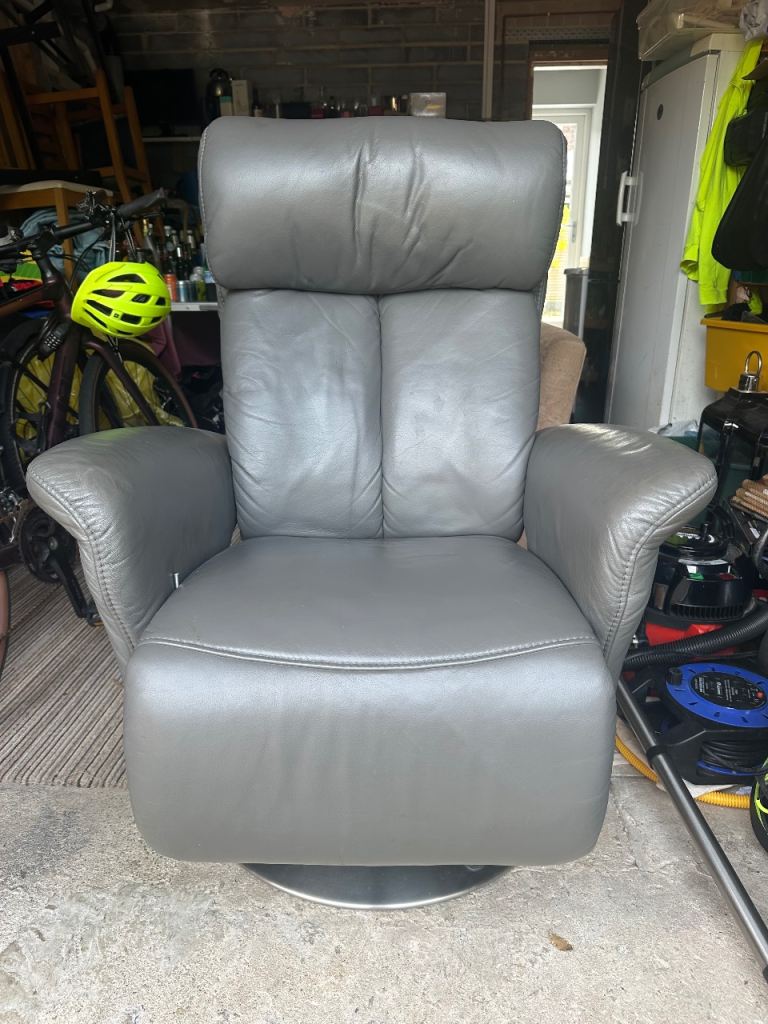 Grey Leather Recliner Armchair with Footrest – Good Condition