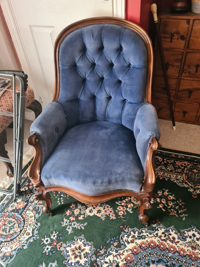 Lovely Blue Velvet Armchair – Good Condition