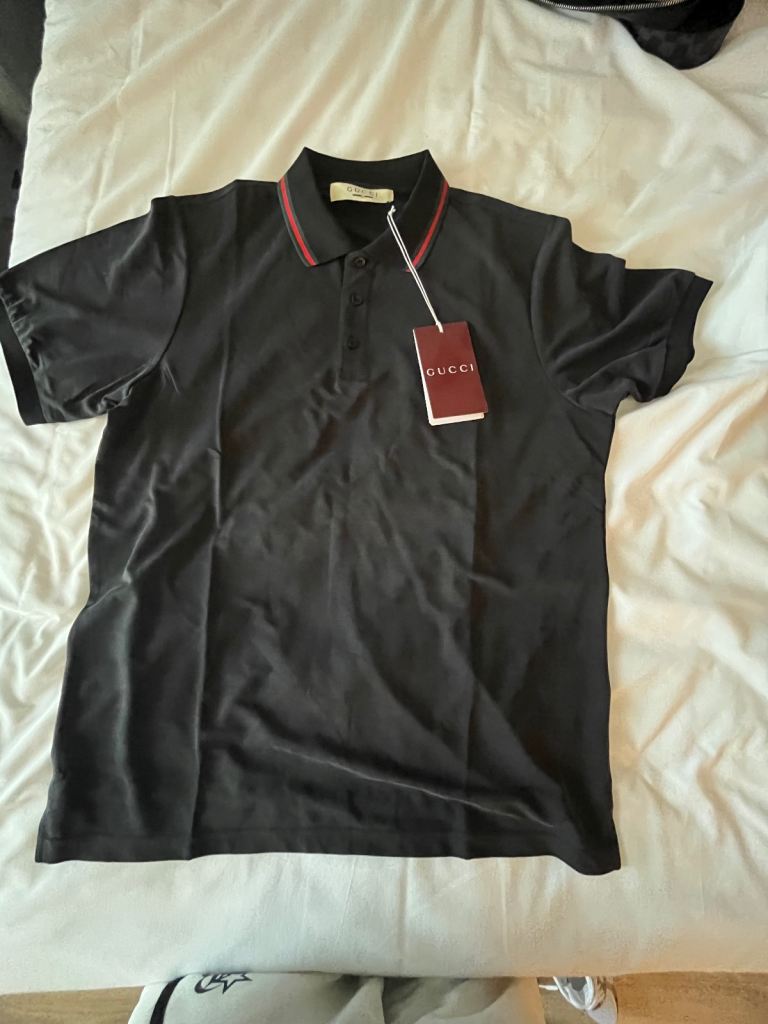 Gucci Black Polo Shirt with Red/Green Stripe Collar – New with Tags
