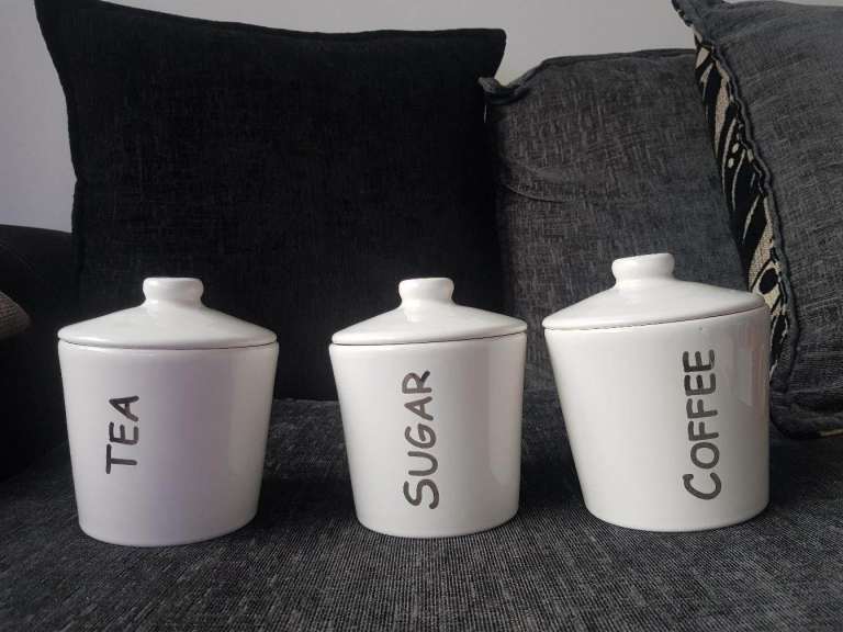 White Ceramic Tea, Coffee, Sugar Jars