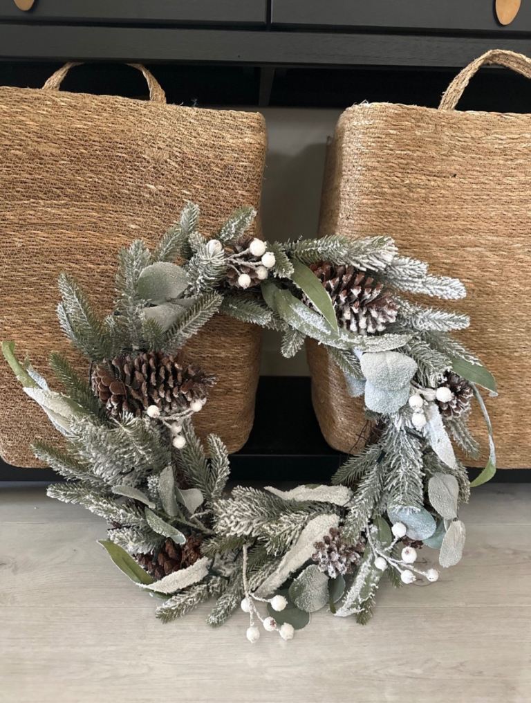 M&S pre-lit snowy white berry pinecone wreath 