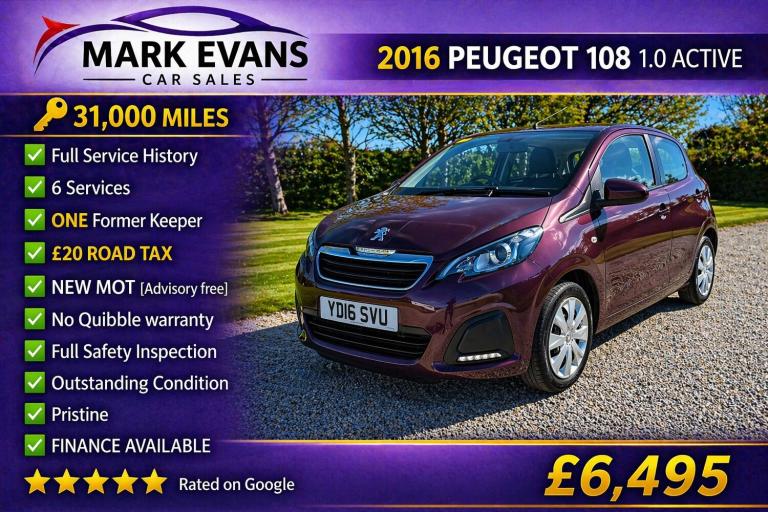 2016 Peugeot 108 1.0 Active 5dr HATCHBACK Petrol Manual