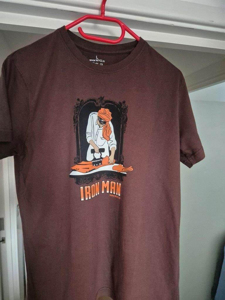 Mens T-shirt with Funny Graphic (Iron Man), size L (slim fit), Brown Color