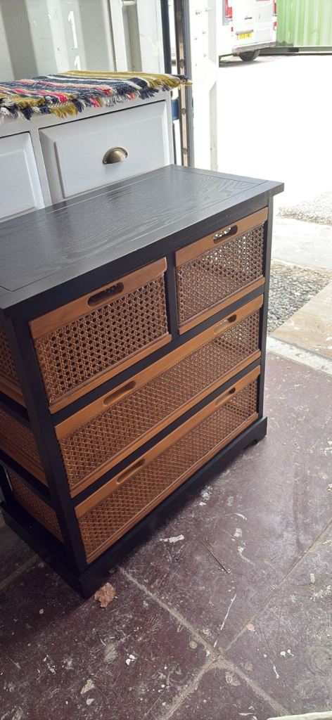 Black Wooden Chest of Drawers with Wicker Fronts