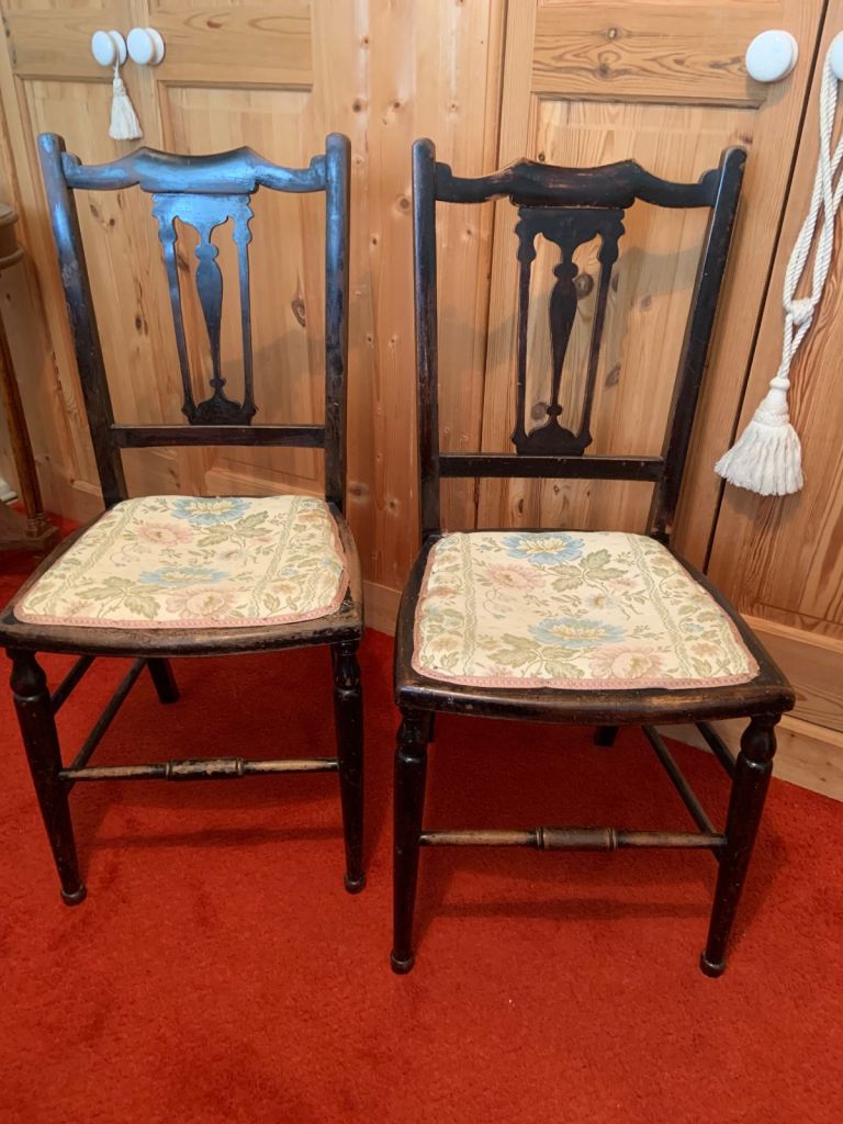 Pair of Vintage Wooden Dining Chairs with Floral Upholstery