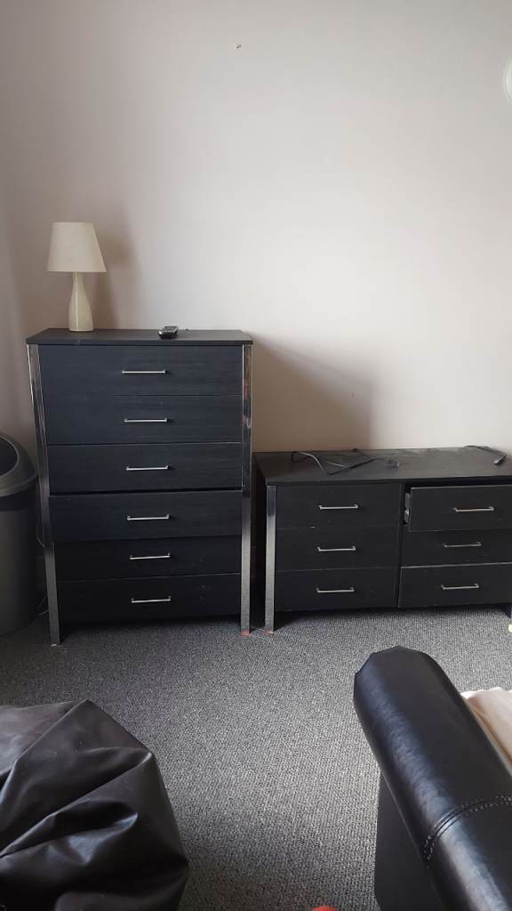 2 Black Chest of Drawers & Wide Unit also leather bed - Good Condition