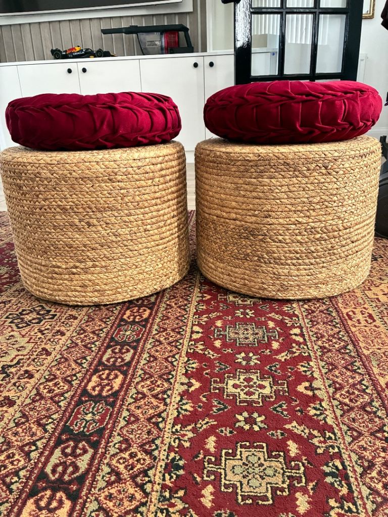 Pair of Jute Stools with Red Cushions – Good Condition