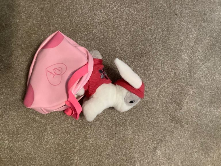 Designafriend - rabbit in bag with hat and jumper - like new Smoke and pet free home