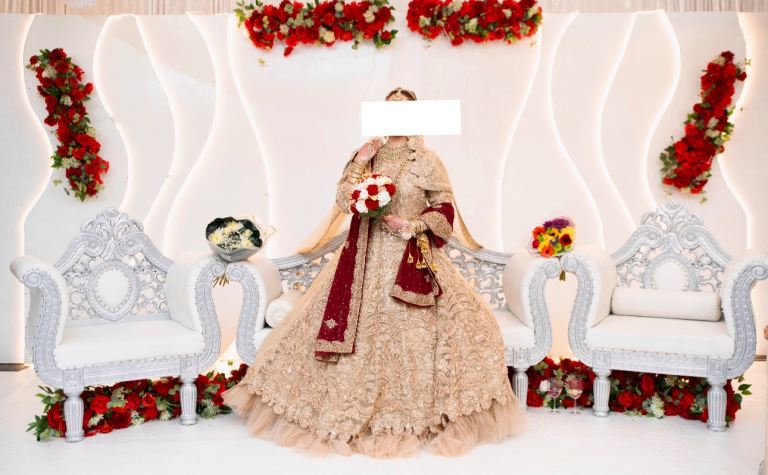 Luxury Bridal Lehenga – Champagne Gold & Deep Red (Wedding / Walima)