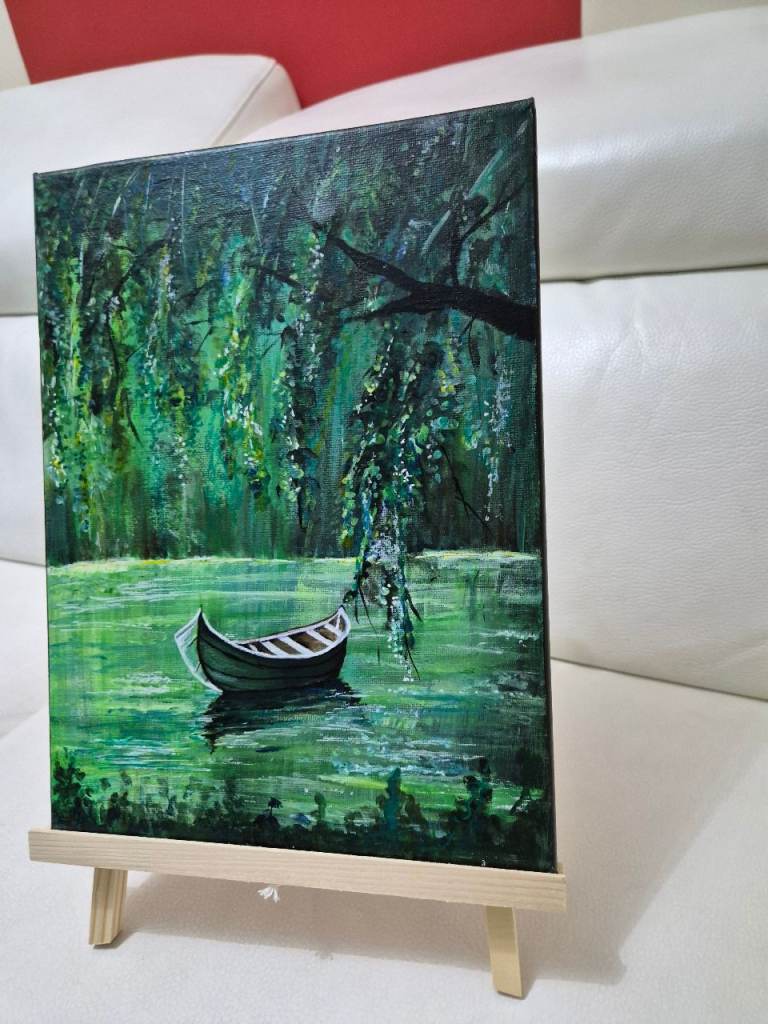 Acrylic Painting: Tranquil Boat on Lake with Easel