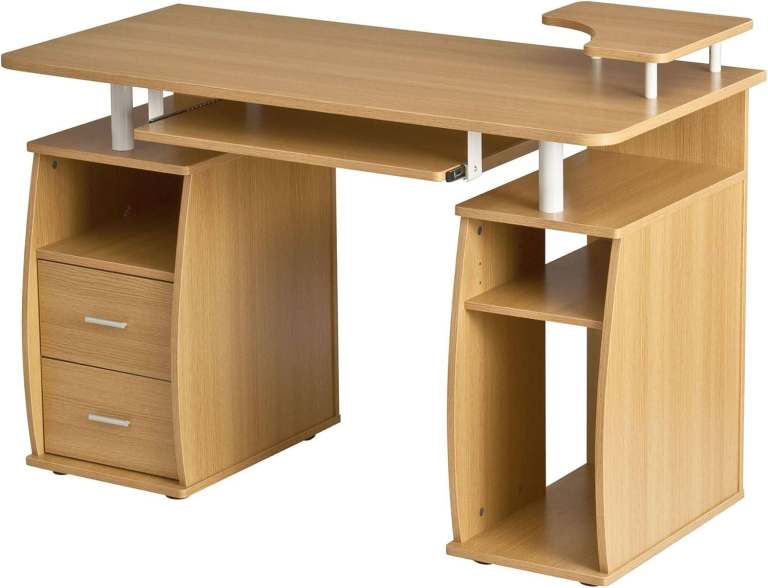 Computer Desk with Shelves, Cupboard and Drawers for Home Office in Oak Effect 