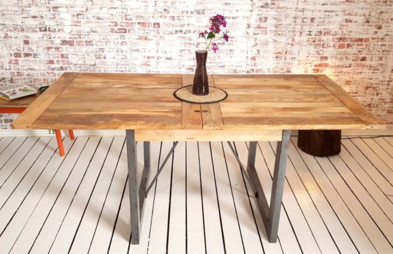 Extending Industrial Rustic Dining Table Drop Leaf Hardwood Finish
