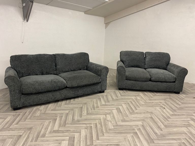 Small compact Sofas suite , grey fabric settees 