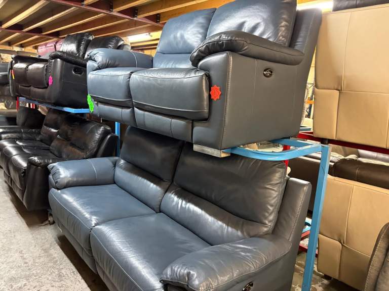 Dfs Full Leather Royal Blue 3 and 2 Seater Electric Recliner Sofas with USB