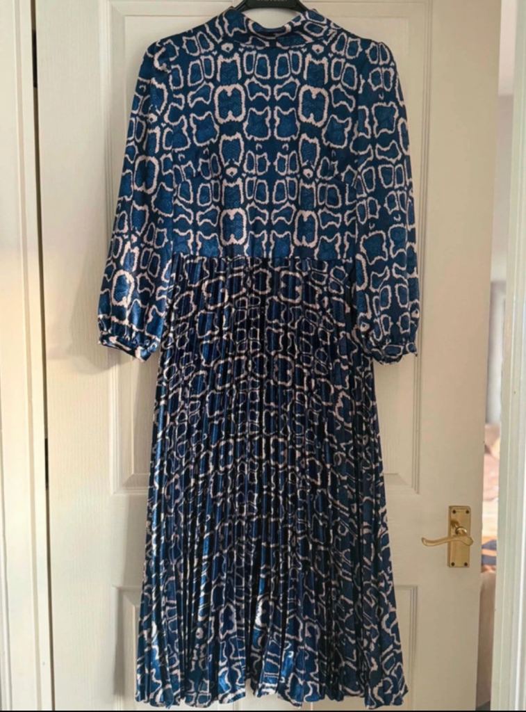 M&S Collection Blue Patterned Pleated Midi Dress - Size 10, As Good As New