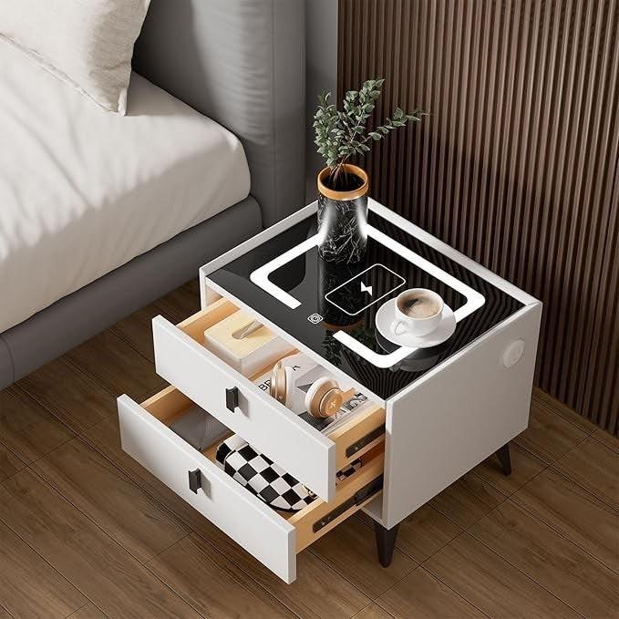 LED Bedside Table with 2 Drawers Cabinet Charging Station Nightstand Storage NEW