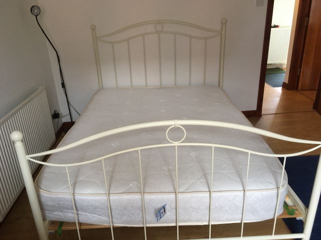 Cream Metal Double Bed Frame with Mattress – Good Condition